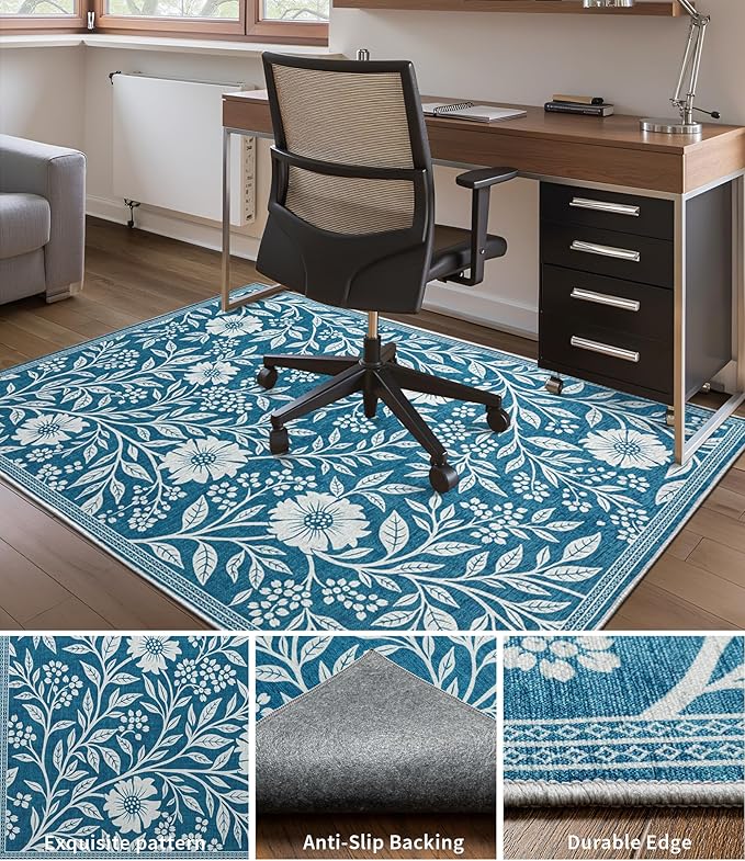chakme Office Chair Mat for Hardwood Floor, 72"x48" Easy Glide Computer Desk Mat Protector for Rolling Chair Under Desk Rug Nonslip Backing, Machine Wash, (Blue Flowers)