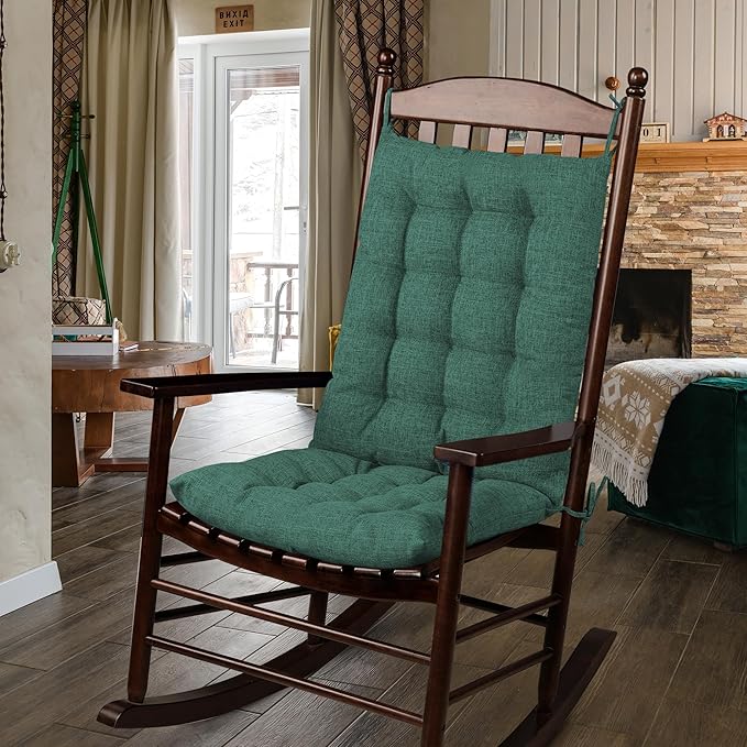 ELFJOY Rocking Chair Cushion Large Rocking Chair Pads with Ties Premium Linen High Back and Seat Cushion 2 Piece Set Linen Green