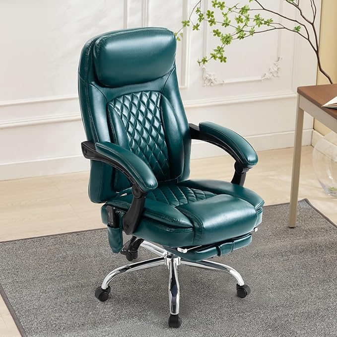 6-Point Massage Office Chair with Heated, Ergonomic Office Chair with Footrest & 45°Reclining High Back, Big and Tall Executive Office Chair 500LBS, Thick Cushion Desk Chair for Home Office, Green(PU)