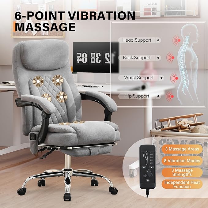 500LBS Massage Office Chair, 6 Points Vibration & Heat Executive Office Chairs, 135°Reclining Comfy Desk Chair with Foot Rest, Wider & Thicker Seat Cushion, Fabric Big and Tall Gaming Chair, Grey