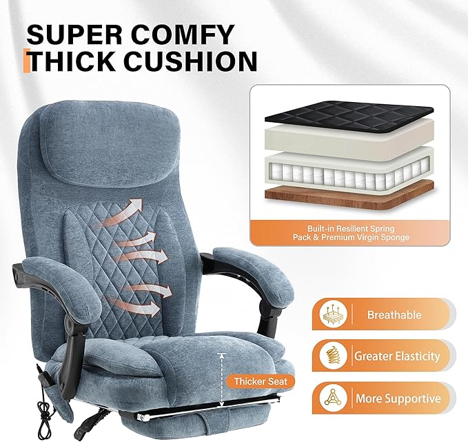 500LBS Massage Office Chair, 6 Points Vibration & Heat Executive Office Chairs, 135°Reclining Comfy Desk Chair with Foot Rest, Wider & Thicker Seat Cushion, Fabric Big and Tall Gaming Chair, Blue