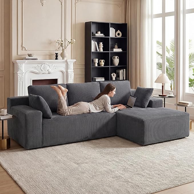 GRUSIGN Cloud Sectional Boneless Couches for Living Room, Modular L Shaped Couch with Deep Seat Oversized Right Facing Chaise, Memory Foam Compressed Spineless 3 Seater Sofa, Grey | No Assembly Required, Deep Seat, Cat-Claw Resistant, High-Resilience F...
