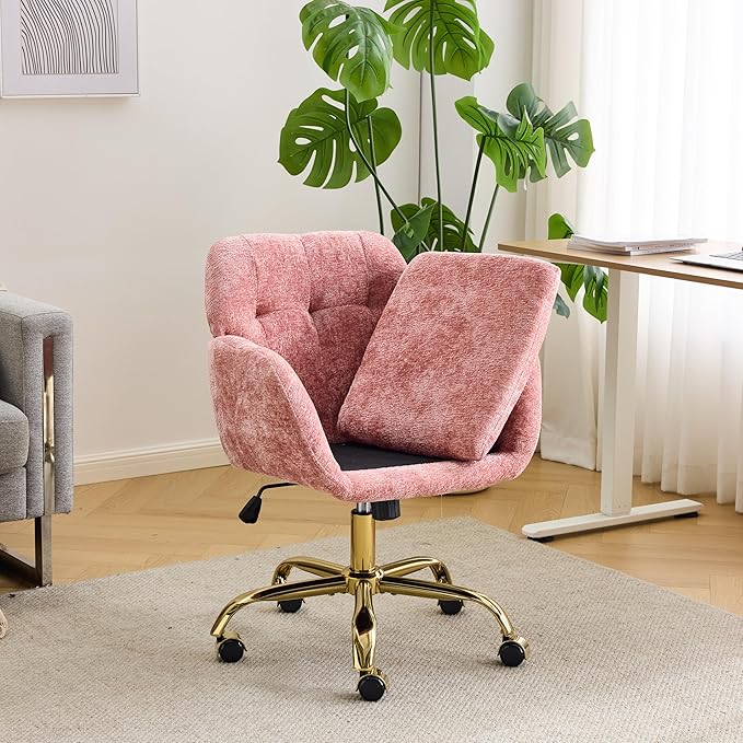 VINGLI Comfy Fuzzy Vanity Chair, Swivel Makeup Chair with Wheels, Upholstered Height Adjustable Armchair with Gold Base, Modern Ergonomic Desk Chair for Bedroom, Home Office, Pink
