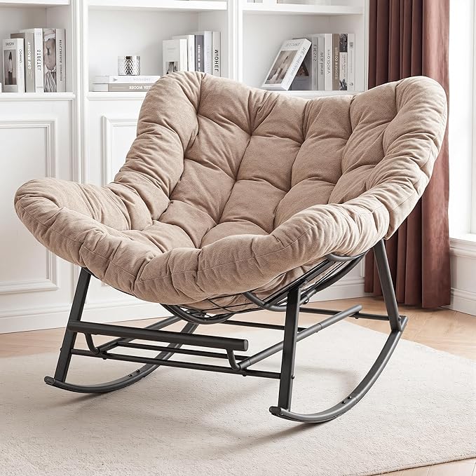Oversized Rocking Chair Indoor with Foot Rest, Papasan Rocking Chair Outdoor, Lounge Chair with Cushion, Patio Egg Rocker Chairs, Comfy Reading Chairs for Living Room, Garden, Lawn, Khaki