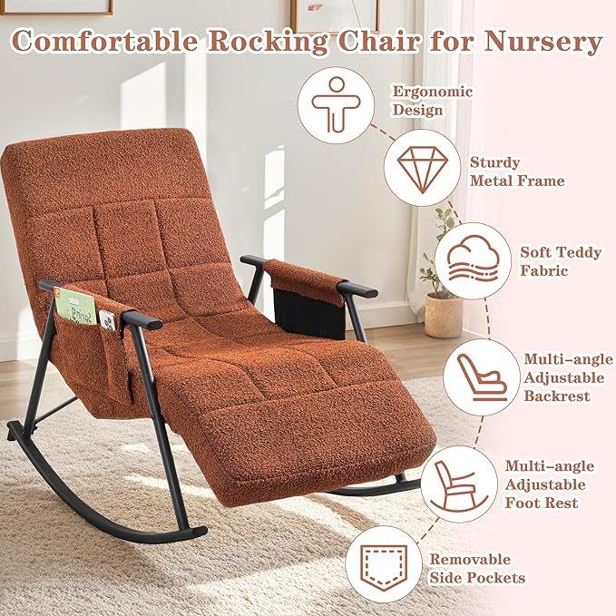 VECELO High Back Nursery Rocking Chair with Foot Rest, Teddy Upholstered Reclining Glider Rocker, Comfy Armchair Padded Seat Removable Side Pockets for Living Room, Bedroom, Balcony, Brown