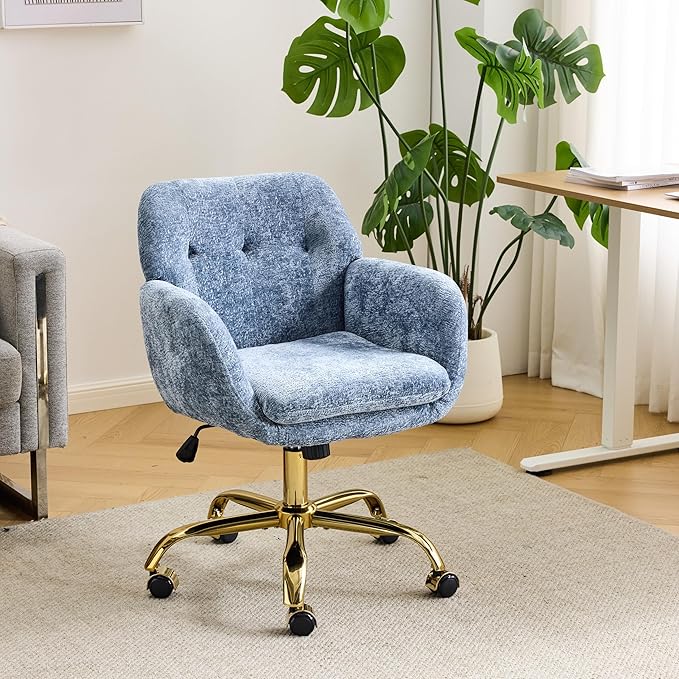VINGLI Comfy Fuzzy Vanity Chair, Swivel Makeup Chair with Wheels, Upholstered Height Adjustable Armchair with Gold Base, Modern Ergonomic Desk Chair for Bedroom, Home Office, Blue