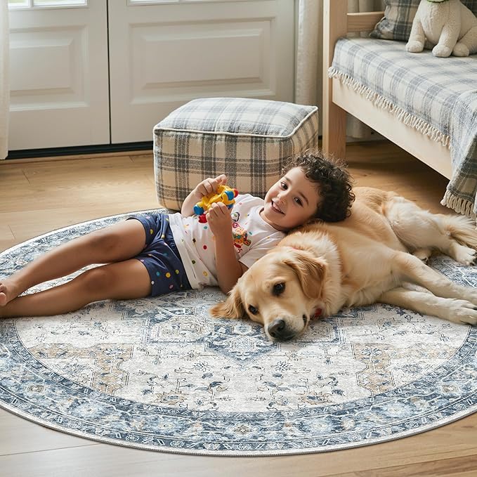 60"x60" Office Chair Mat for Hardwood Tile Floor, Under Desk Carpet Protector for Rolling Computer Chair Mat, Machine Washable Round Area Rug, Anti-Slip 1/5" Thick Low Pile Thin Floor Mat, Blue