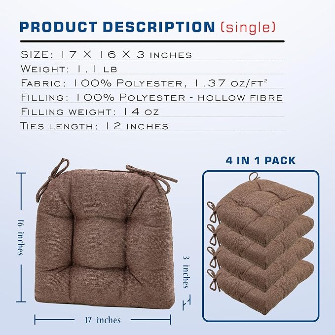 SQUARE MOON D-Shaped 3" Thick Chair Cushions, Chair Pads for Dining Chairs and Kitchen Chairs, Indoor Dining Room Seat Cushions with Ties, Machine Washable, 17" x 16" x 3", 4/Pack, Dark Coffee