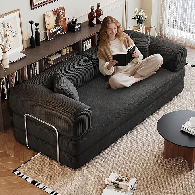 JINGLING 79" Queen Sleeper Sofa Bed with Memory Foam, Compressed Couch in a Box, Foldable Convertible Small Couches for Small Spaces Bedroom Game Room, Corduroy Fabric, Black