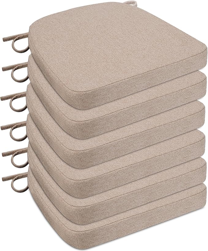 Sunsleek Chair Cushions for Dining Chairs, D-Shaped Seat Cushions with Removable Washable Cover and Ties, Chair Pads for Kitchen, Indoor Dining Room, Patio Chairs, 17'' x 16'', Set of 6, Khaki
