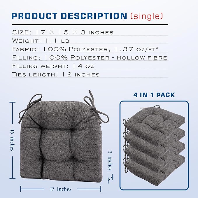SQUARE MOON D-Shaped 3" Thick Chair Cushions, Chair Pads for Dining Chairs and Kitchen Chairs, Indoor Dining Room Seat Cushions with Ties, Machine Washable, 17" x 16" x 3", 4/Pack, Dark Grey