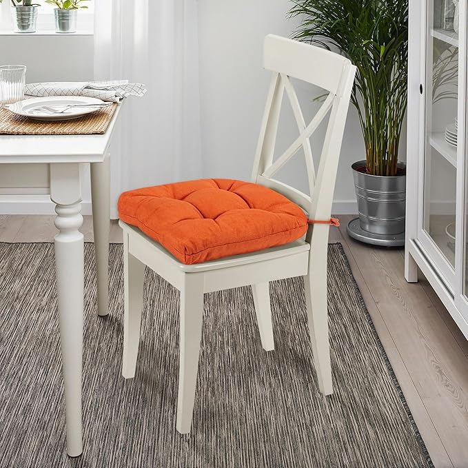 SQUARE MOON Chair Cushions for Dining Chairs, 3 Inch Thick Comfortable Kitchen Chair Pads, Dining Room Seat Cushions with Ties, Machine Washable, 17" x 16" x 3", 4/Pack, Orange