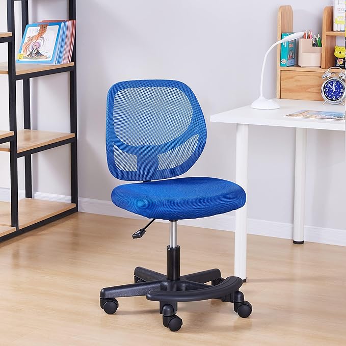 Amazon Basics Kids Adjustable Height Mesh Low-Back Swivel Desk Chair with Footrest, Rolling Study Chair, Armless, Blue
