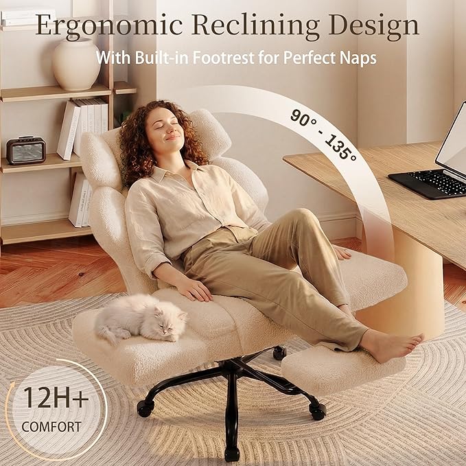 Office Chair with Flip Armrests,Big and Tall Office Chair with Foot Rest,Extra Wide Seat & Lumbar Pillow,Ergonomic Computer Gaming Chair,Comfy Criss Cross Chair for Pets Sitting,Teddy Fleece,Beige