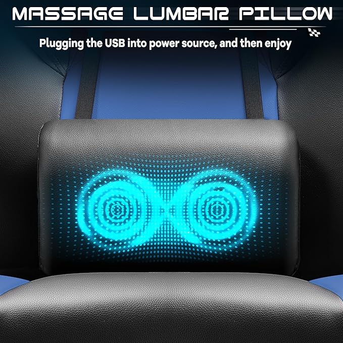 Video Game Chair for Adults, Gaming Chair with Footrest, Big and Tall Computer Chair with Massage Lumbar Support 330lbs Weight Capacity, Adjustable Height, 360° Swivel Seat and Headrest (Blue)