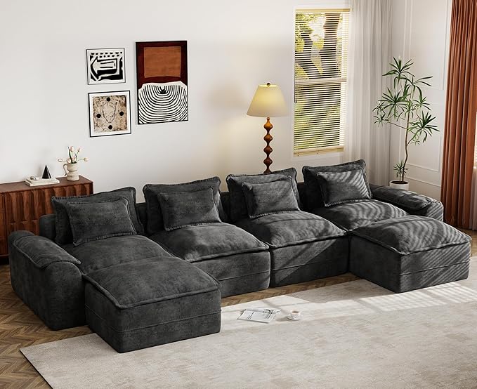 Hobestluk 152" Cloud Modular Sectional Couch 4-Seater Sofa with Ottomans U Shaped Couches Deep Seat Boneless Sofa for Living Room (Dark Grey, 4-Seater Sofa with Two Ottomans)