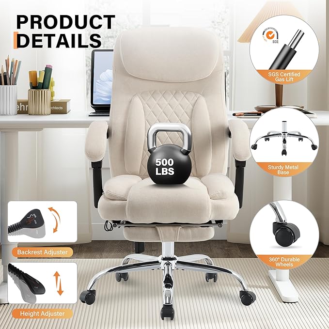 500LBS Massage Office Chair, 6 Points Vibration & Heat Executive Office Chairs, 135°Reclining Comfy Desk Chair with Foot Rest, Wider & Thicker Seat Cushion, Fabric Big and Tall Gaming Chair, Beige