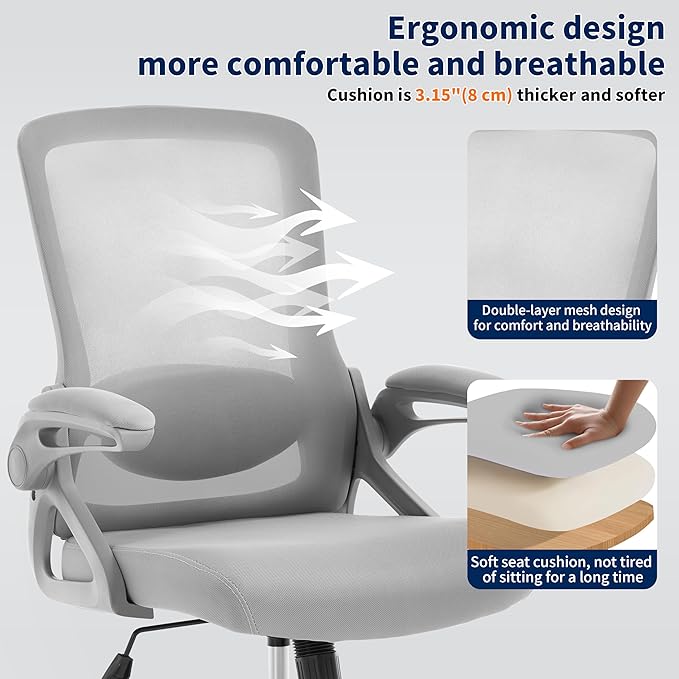 Ergonomic Office Chair, Desk Chair with Adjustable Lumbar Support, Breathable Mesh Comfy Computer Chairs with Flip-up Armrests Executive Task Chair for Adults Home Office (Gray)