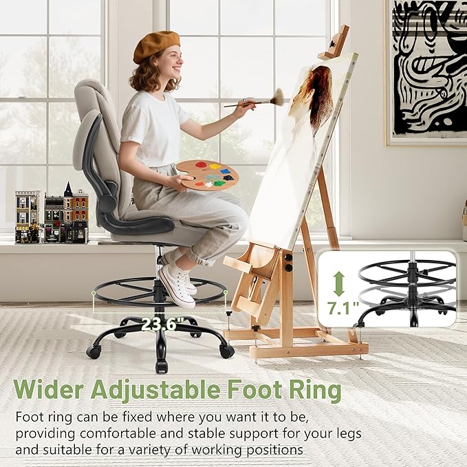 500LBS Drafting Chair, High Back Safer Standing Desk Chair, Executive Tall Office Chair with Flip-up Armrests, Upholstered PU Leather Task Chair, Ergonomic Seat with Adjustable Height&Foot Ring,Beige