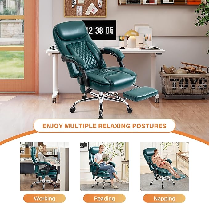 500LBS Massage Office Chair, 6 Points Vibration & Heat Executive Office Chairs, 135°Reclining Comfy Desk Chair with Foot Rest, Wider & Thicker Seat Cushion, PU Leather Big and Tall Gaming Chair, Green