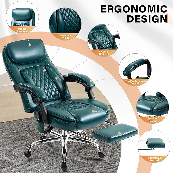 500LBS Massage Office Chair, 6 Points Vibration & Heat Executive Office Chairs, 135°Reclining Comfy Desk Chair with Foot Rest, Wider & Thicker Seat Cushion, PU Leather Big and Tall Gaming Chair, Green