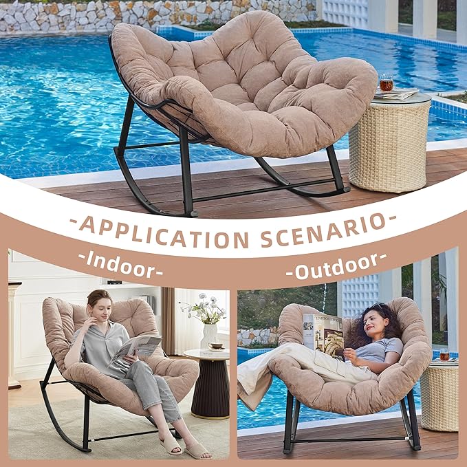 Oversized Rocking Chair Indoor, Papasan Rocking Chair Outdoor, Lounge Chair with Cushion, Patio Egg Rocker Chairs, Comfy Reading Chairs for Bedroom, Living Room, Garden, Lawn, Khaki