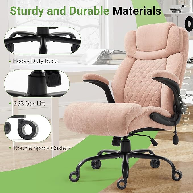Office Chair, Big and Tall Executive Chairs with Lumbar Support for Back Pain, Breathable Fabric Desk Computer Chair with Adjustable Flip-up Armrests,Wide Cushion Swivel Home Office Chair Black,Pink