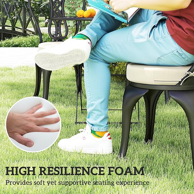 Outsunny Outdoor Bistro Chair Cushions Set of 4 with Machine Washable Cover, 15" x 15" x 3" Thick Round Seat Cushions for Patio Furniture with Ties, Chair Pads for Dining Chairs, Cream White