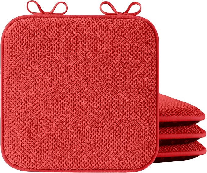 puredown® Chair Cushions for Dining Chairs, Set of 4 Memory Foam Seat Cushions with Non-Slip Backing & Ties, 16" x 16" x 1.5", Comfortable & Supportive Dining Chair Pads for Kitchen, Red