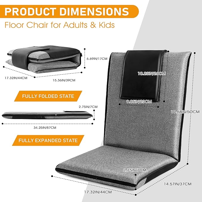 FASTMOMENT Floor Chair with Water Repellent Fabric 14-Position Adjustable Floor Chair with Back Support Portable Floor Seat for Adults Foldable Meditation Seat with Washable Cover (Dark Grey)