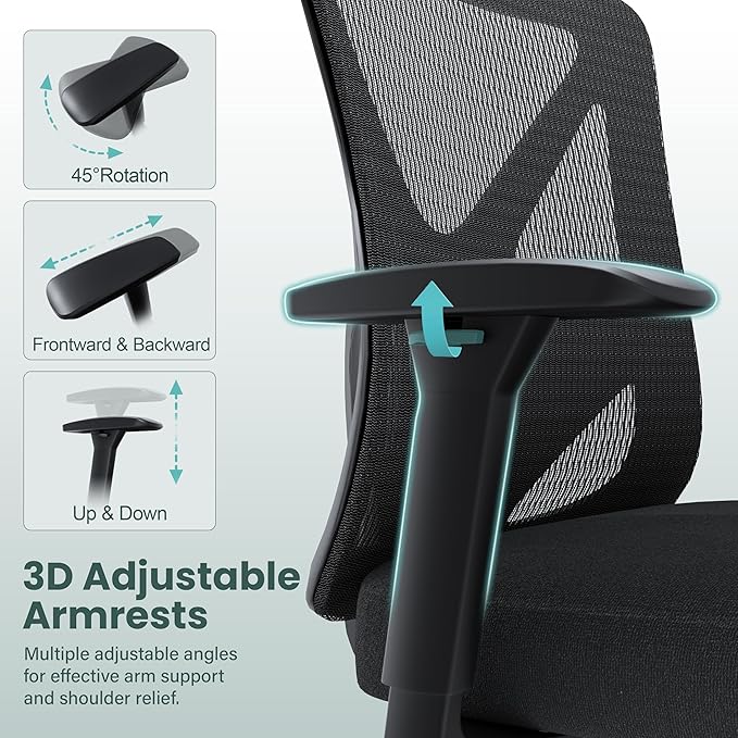 Ergonomic Office Chair, Mesh Computer Desk Chairs with Adjustable Lumbar Support, 3D Armrest, Tilt Function, Comfy Wide Seat, Executive Chair for Company & Home, Gaming Chair (Black Sponge Cushion)