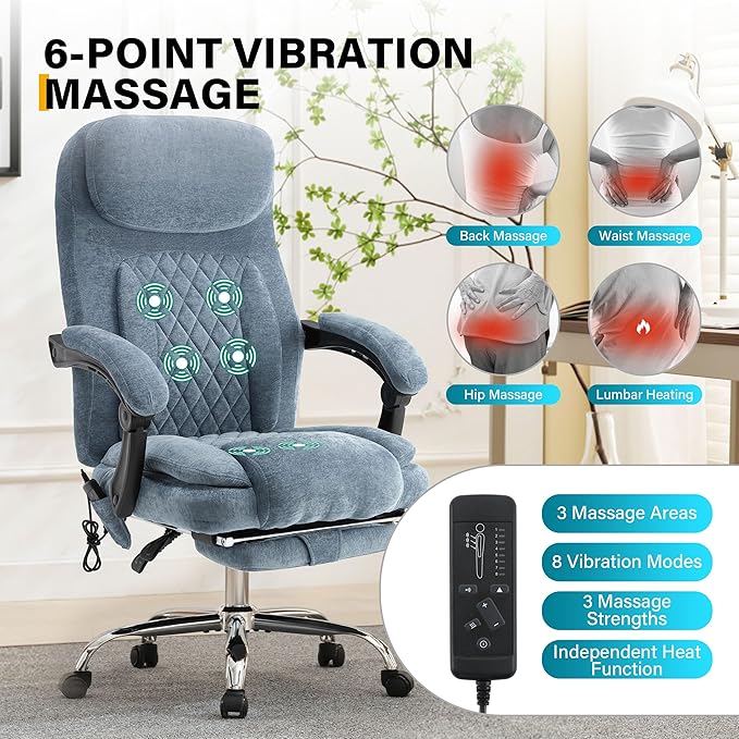 6-Point Massage Office Chair with Heated, Ergonomic Office Chair with Footrest & 45°Reclining High Back, Big and Tall Executive Office Chair 500LBS, Thick Cushion Desk Chair for Home Office, Blue