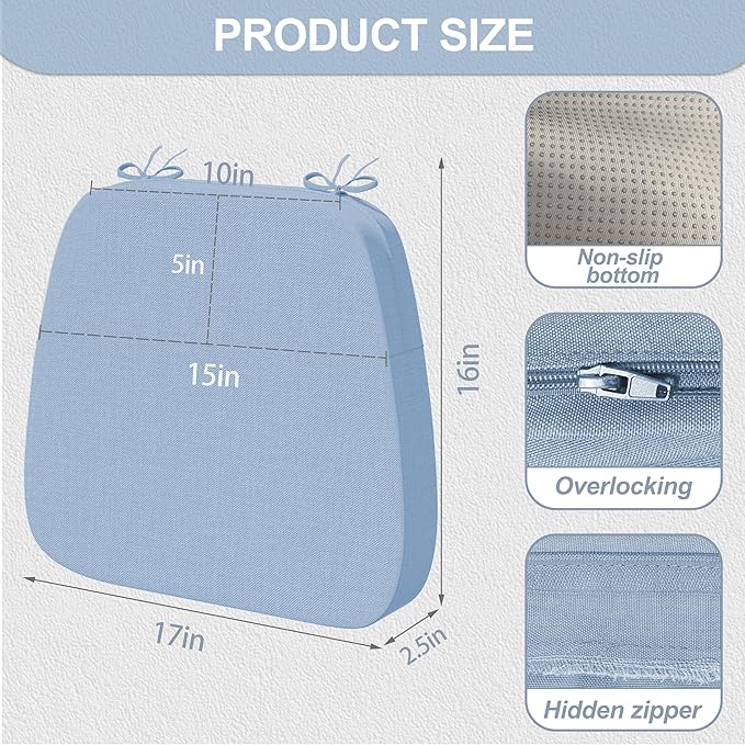Iristykilin17'' x 16'' x 2.5"Thick Chair Cushions for Dining Chairs, 8 Pack WaterProof Easy Clean Kitchen Chair Pads with Ties and Non-Slip Backing - 30D High Elastic Foam Soft Kitchen Chair Cushions