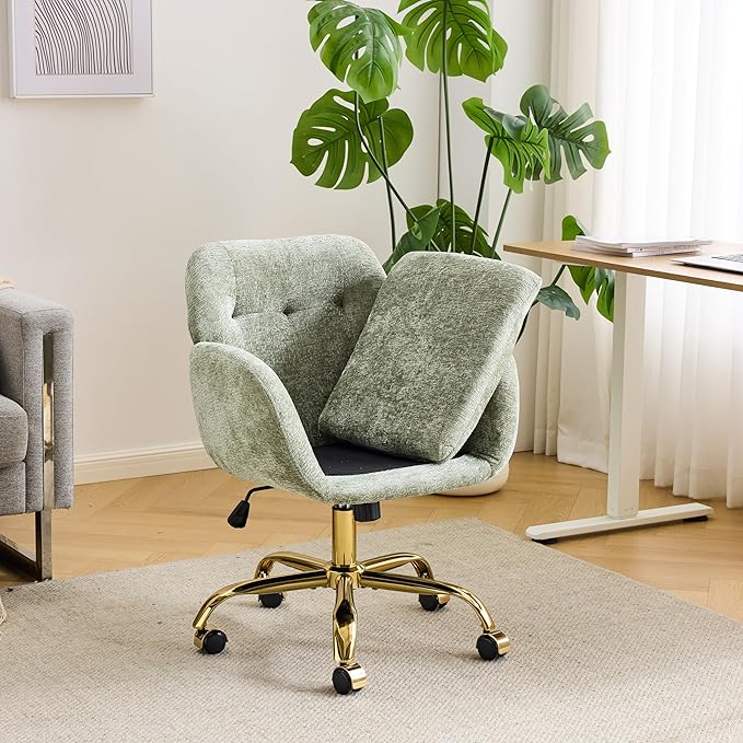VINGLI Comfy Fuzzy Vanity Chair, Swivel Makeup Chair with Wheels, Upholstered Height Adjustable Armchair with Gold Base, Modern Ergonomic Desk Chair for Bedroom, Home Office, Olive Green