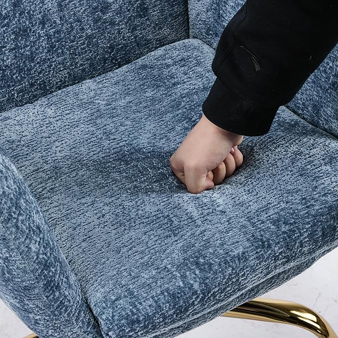 VINGLI Comfy Fuzzy Vanity Chair, Swivel Makeup Chair with Wheels, Upholstered Height Adjustable Armchair with Gold Base, Modern Ergonomic Desk Chair for Bedroom, Home Office, Blue