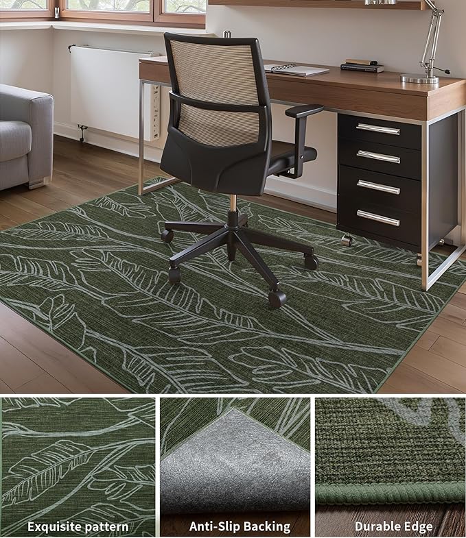 chakme Office Chair Mat for Hardwood Floor, 48"x36" Easy Glide Computer Desk Mat Protector for Rolling Chair Under Desk Rug Nonslip Backing, Machine Wash, (Dark Green Leaf)