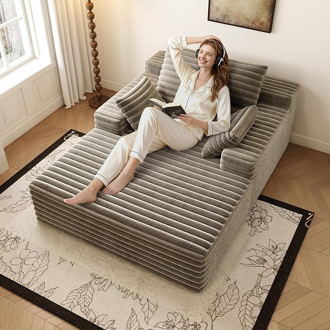 62.6" Oversized Boneless Chaise Lounge Sofa Bed - Cozy Corduroy Reading Chair for Living Room Bedroom, Small Cloud Couch with Throw Pillows, Plush Sleeper Sofa Chairs, No Assembly, Camel