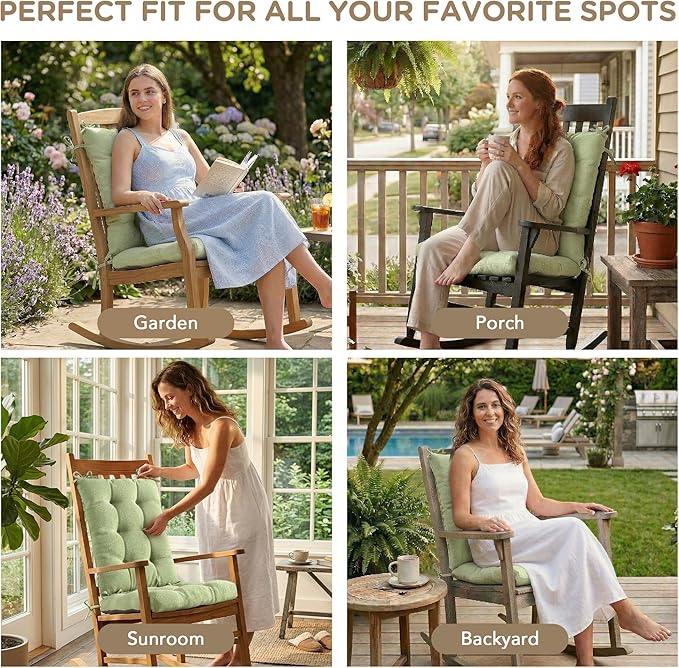 Codi Outdoor Rocking Chair Cushions Outdoor, Water Resistant Rocker Chairs Replacement Cushion Set for Patio Porch Garden - Fits Most Standard Rockers, Sage 2PK