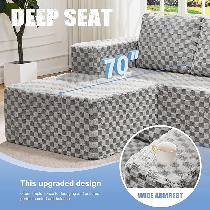 Hobestluk Modular Sectional Sofa Memory Foam Couch Sofa Bed Loveseat with Chaises Cloud Couch with Removable Cover Large Sectional Couches for Living Room (Plush Grey, Sofa Bed)