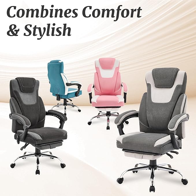 Massage Office Chair with Foot Rest,6-Point Vibration & Heat Reclining Computer Chair,Big and Tall Fabric Office Chair for Heavy People,Ergonomic Executive Desk Chair,Thick Cushion,High Back,BlackGrey