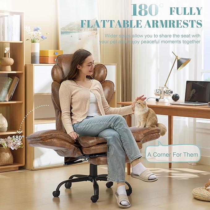 Big and Tall Office Chair, Flip Armrests Criss Cross Office Chair, Reclining Desk Chair with Foot Rest, Adjustable Headrest, Massage Waist Pillow Cross Legged Wide Seat Vanity Chair, PU Leather Brown