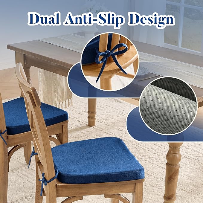 Chair Cushions for Dining Chairs Set of 4, D-Shaped Chair Pads with Non-Slip Bottom, Kitchen Seat Cushions with Removable Cover, 16 x 17 inch, Navy Blue