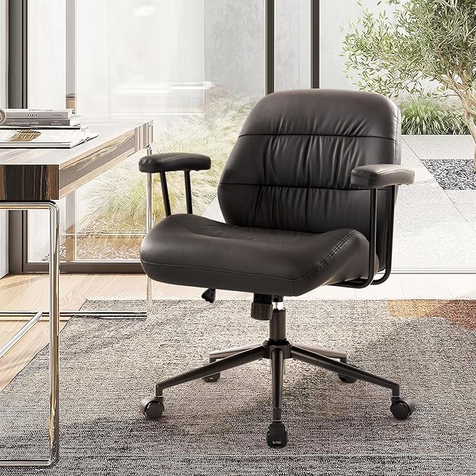 IWMH Leather Office Chair with Removable Armrests，Mid-Back Ergonomic Desk Chair with Lumbar Support，Adjustable Height 360° Swivel Executive Task Chairs for Home Office (Black)