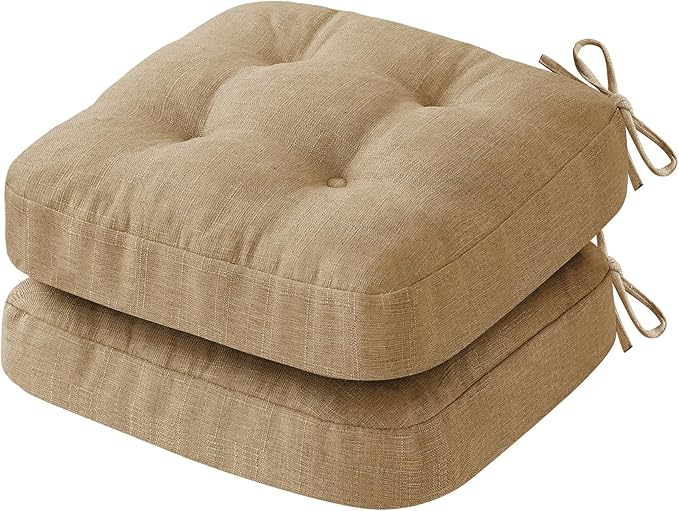 IASEAHK Chair Cushions for Dining Chairs, Dining Chair Cushions, Tufted Indoor Chair Pads with Ties & Non Slip Backing, Seat Cushions for Kitchen Chairs 16.5” x 16.5” x 3.5”, Set of 2, Khaki