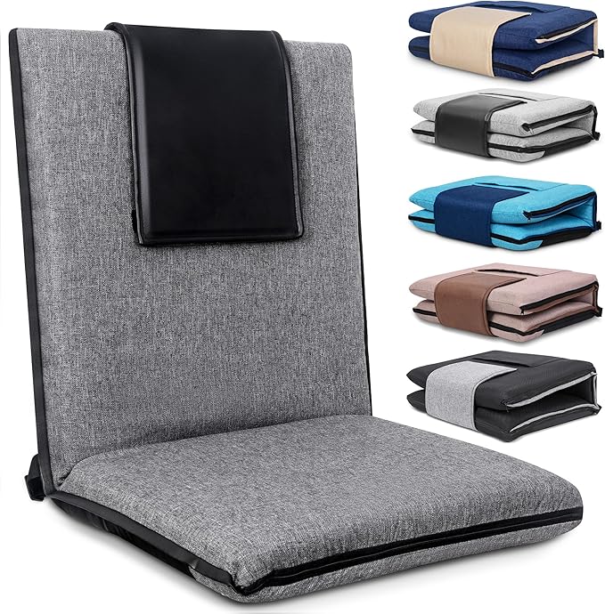FASTMOMENT Floor Chair with Back Support 14-Position Adjustable Floor Chair Portable Ground Seating for Adults & Kids Foldable Meditation Seat with Japanese KOYO Bearings & Washable Linen Cover (Grey)