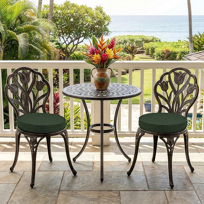 Outdoor Round Chair Cushions 15 Inch, Fade-Resistant & Water-Resistant, Bistro Chair Seat Pads for Porch Garden Balcony Patio Furniture Stools, Non-Slip Bottom, Set of 2, Olive Green