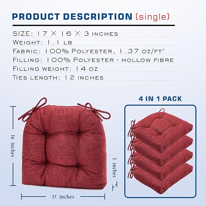 SQUARE MOON D-Shaped 3" Thick Chair Cushions, Chair Pads for Dining Chairs and Kitchen Chairs, Indoor Dining Room Seat Cushions with Ties, Machine Washable, 17" x 16" x 3", 4/Pack, Wine Red