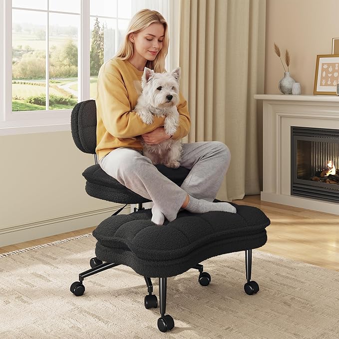 DurayLoly Criss Cross Chair, Ergonomic Office Chair with Wheels & Backrest, Cross Legged Office Chair with Foot Rest for ADHD, Height Adjustable, Thicken Cushion, Teddy Fabric, Black
