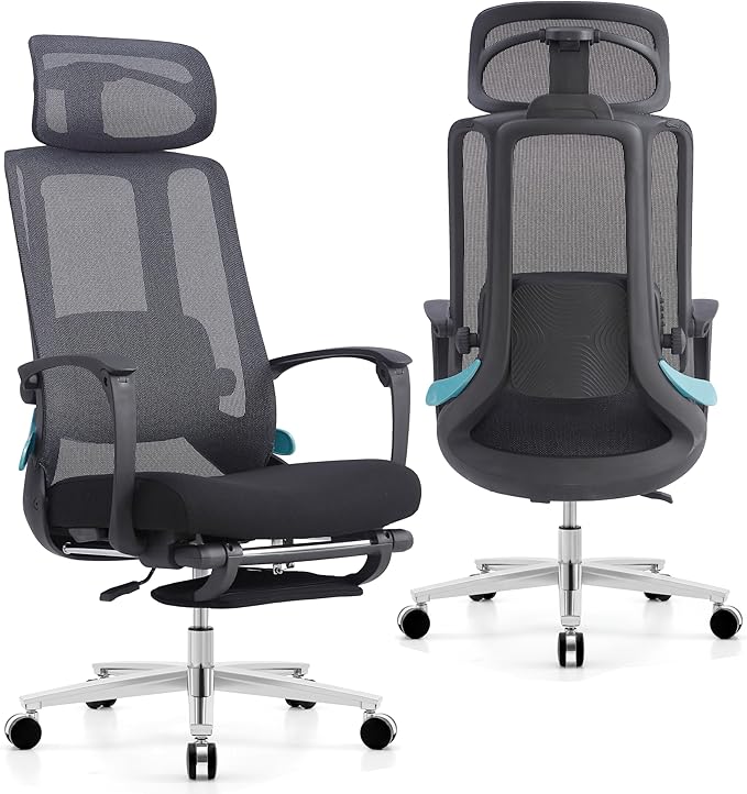 Ergonomic Office Chair with Footrest & Adjustable Lumbar Massager, High Back,Big and Tall,Desk Chair with 5D Headrest, Reclining Swivel Rolling Mesh Chair for Home Office, 400LBS (Black)