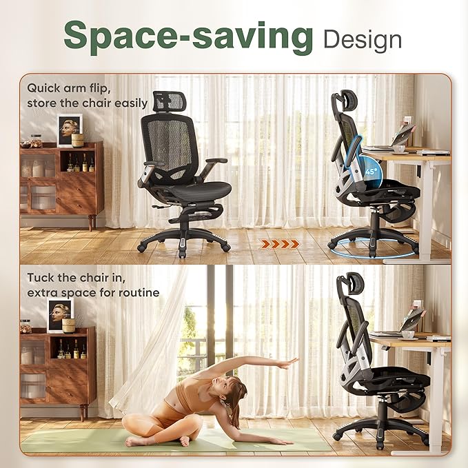 GABRYLLY Office Chair with Footrest, Ergonomic Desk Chair - 135° Recline Wide, 45° Flip-Up Arms,3D Headrest & Mesh Seat, High Back Home Gaming Chair for Adult Man Woman, 300LBS